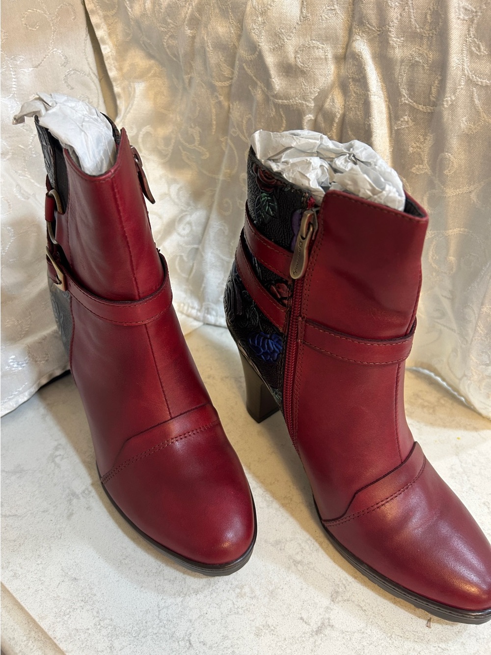 Red Leather Heeled Ankle Boots with Embroidered Back Panel